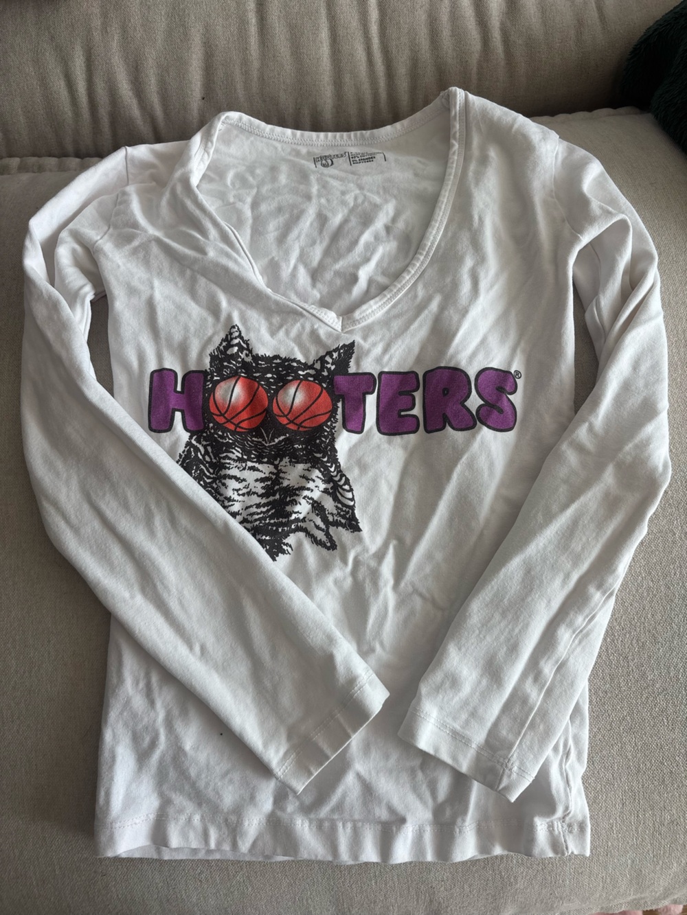 Hooters White Long-Sleeve Tee with Purple Logo and Orange Basketball Eyes